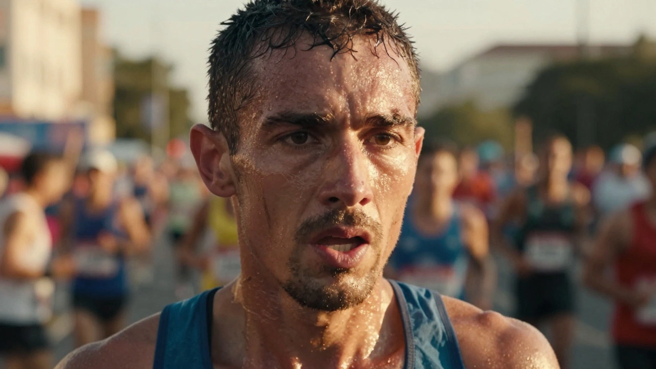Exhausted runner pushing through fatigue during a marathon