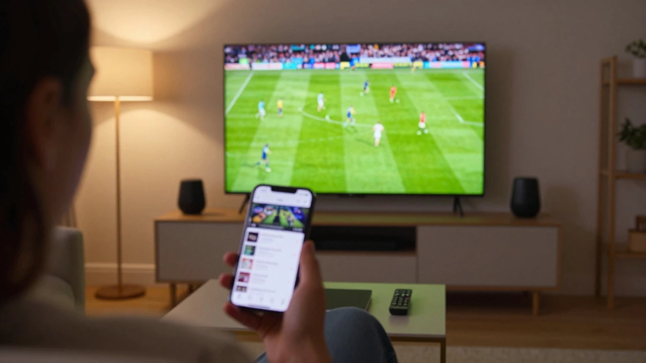Fan watching live football on TV while checking phone app