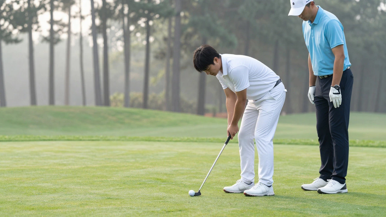 Golfer practicing putting with instructor's guidance