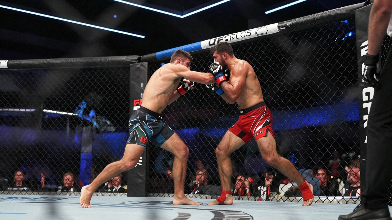 MMA fighters grappling near the cage fence during a fight