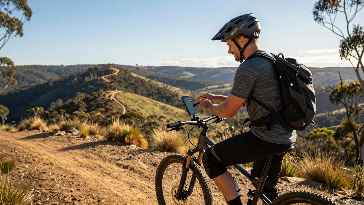 Mountain biker reviewing route on handlebar mount overlooking hills