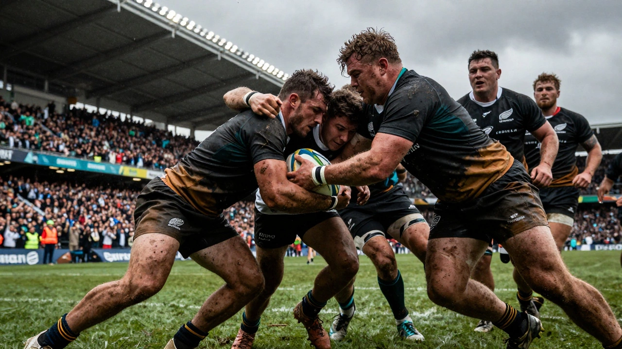 Muddy rugby players tackling in an intense match