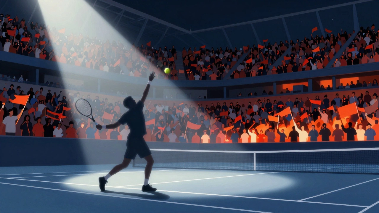 Tennis player spotlight vs massive football stadium crowd