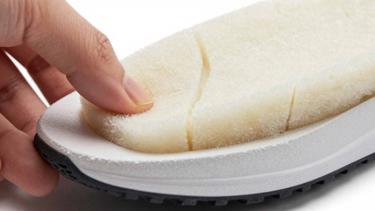 Thumb pressing into worn running shoe midsole, showing permanent foam indentation.