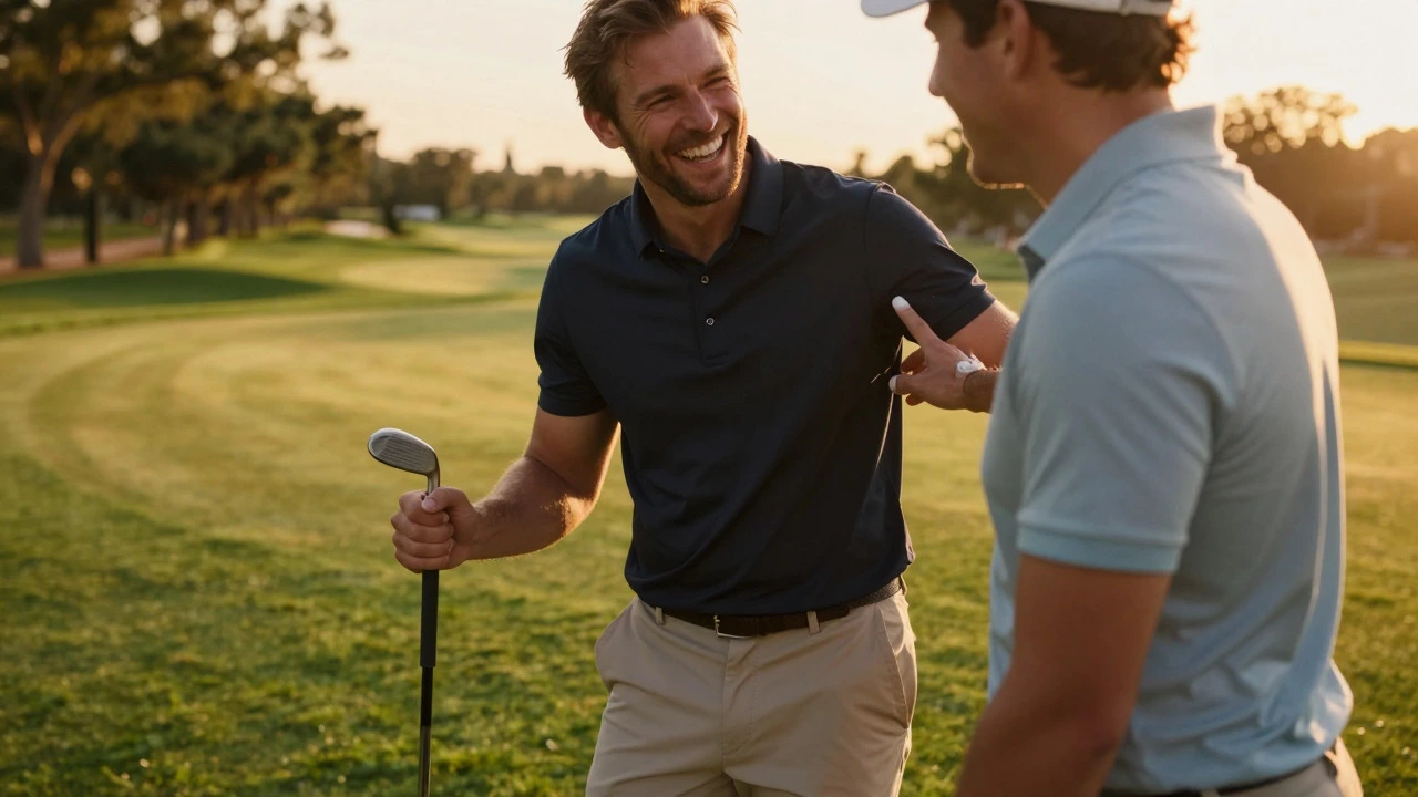 Two friends laughing on golf course after a bad shot