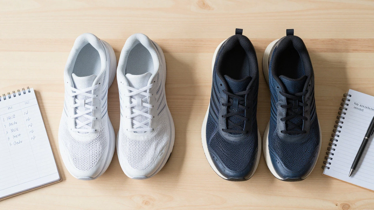 Two pairs of running shoes and a mileage log notebook on a wooden table.