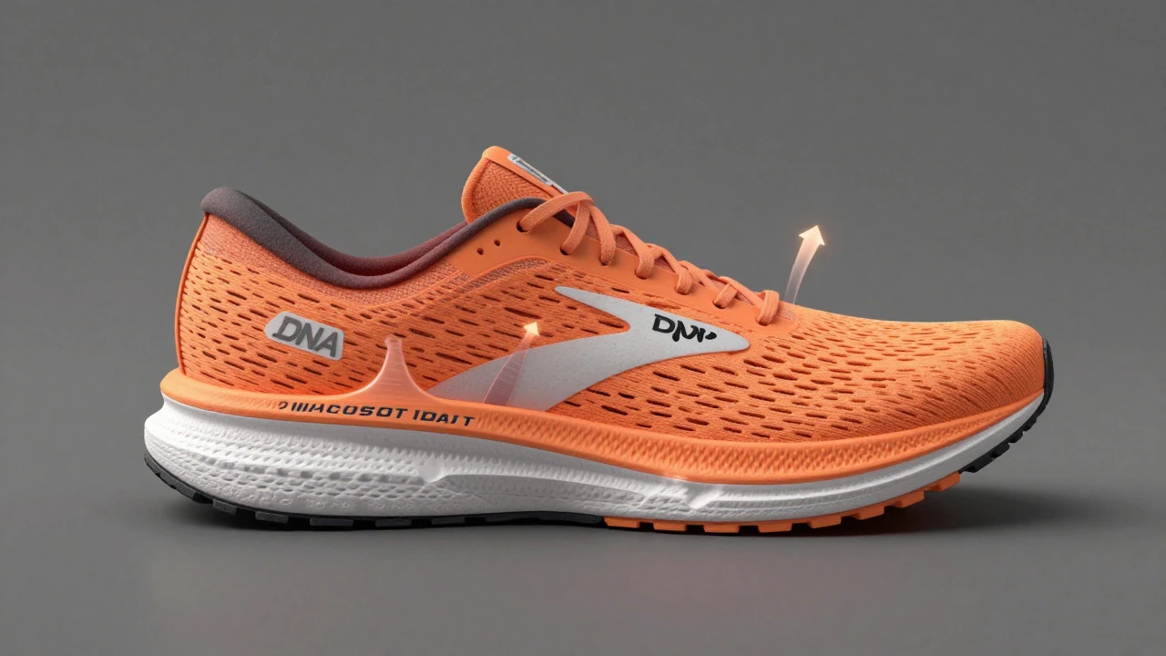 3D cutaway render showing Brooks DNA LOFT foam midsole technology layers