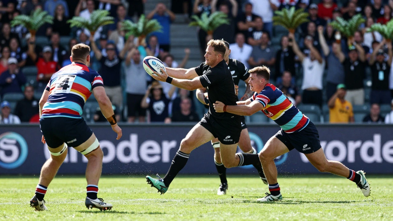 Action shot of a rugby player making a dynamic pass during a match