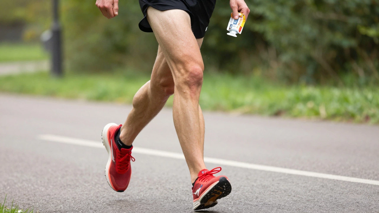 Athlete taking an energy gel while running with focused intensity