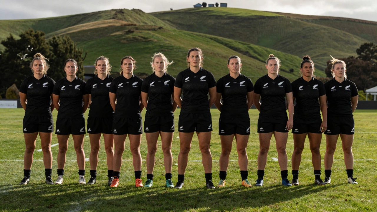 Black Ferns women's rugby team standing together on the pitch
