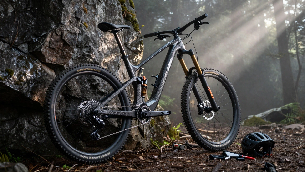 Carbon fiber mountain bike leaning against rocks in a misty forest