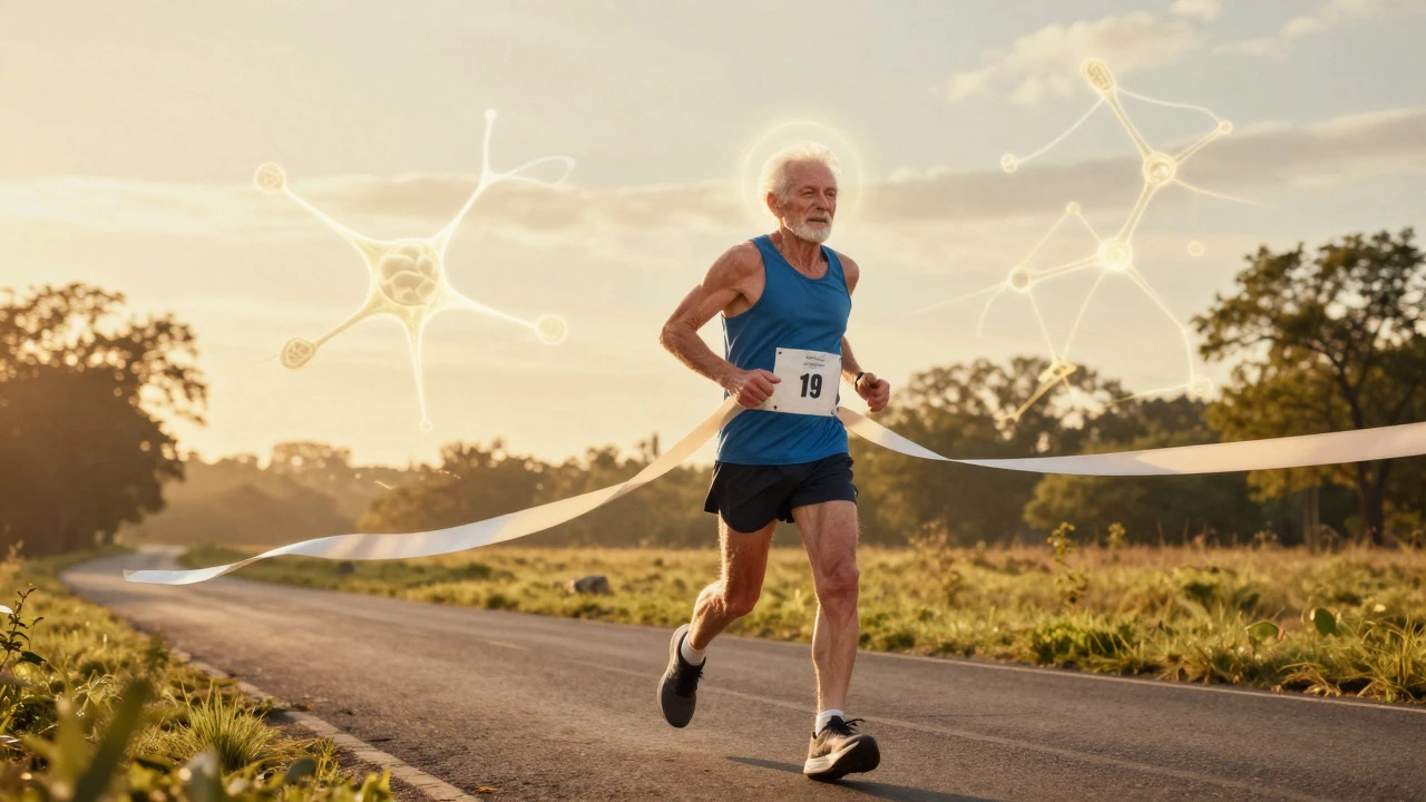 Elderly runner with glowing aura and neural patterns
