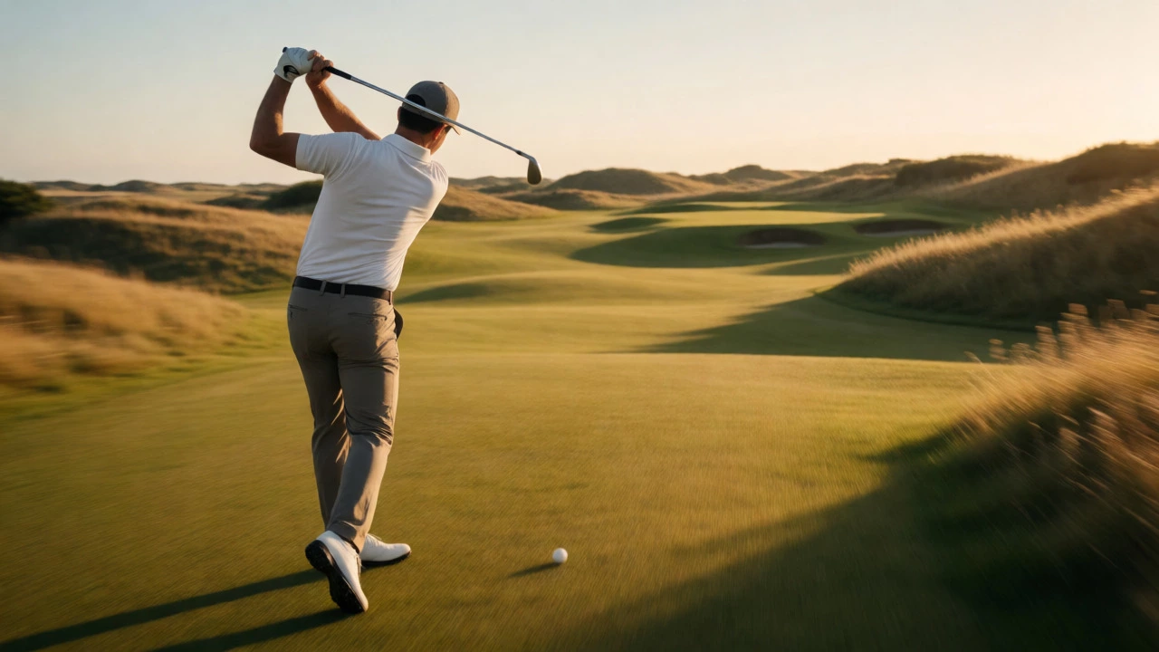 Golfer swinging an iron on a scenic fairway