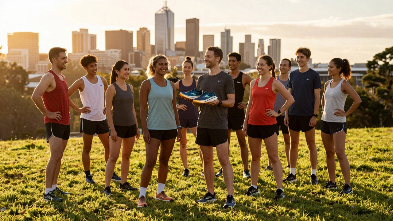 Group of happy runners on a hill wearing Brooks shoes during golden hour