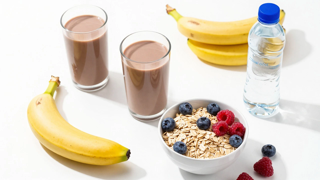 Healthy recovery foods like chocolate milk, bananas, and oats