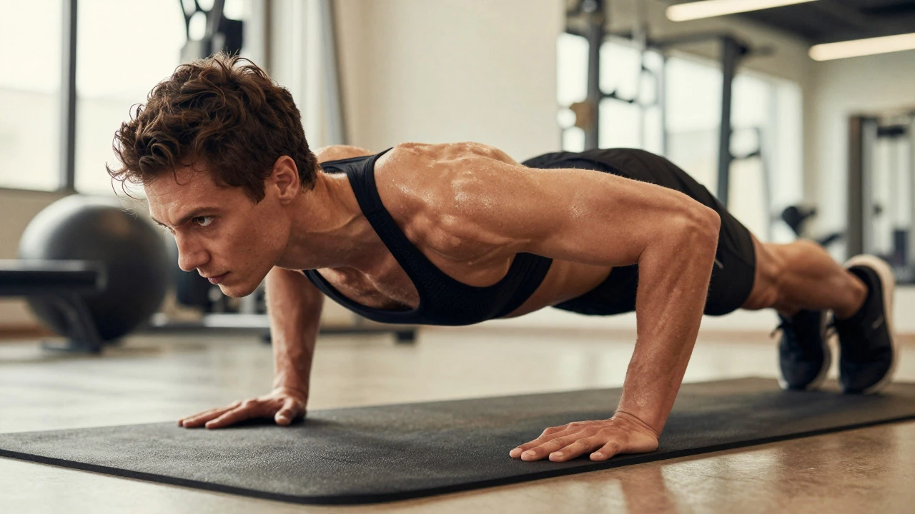 Person holding a strong forearm plank position in a bright gym.