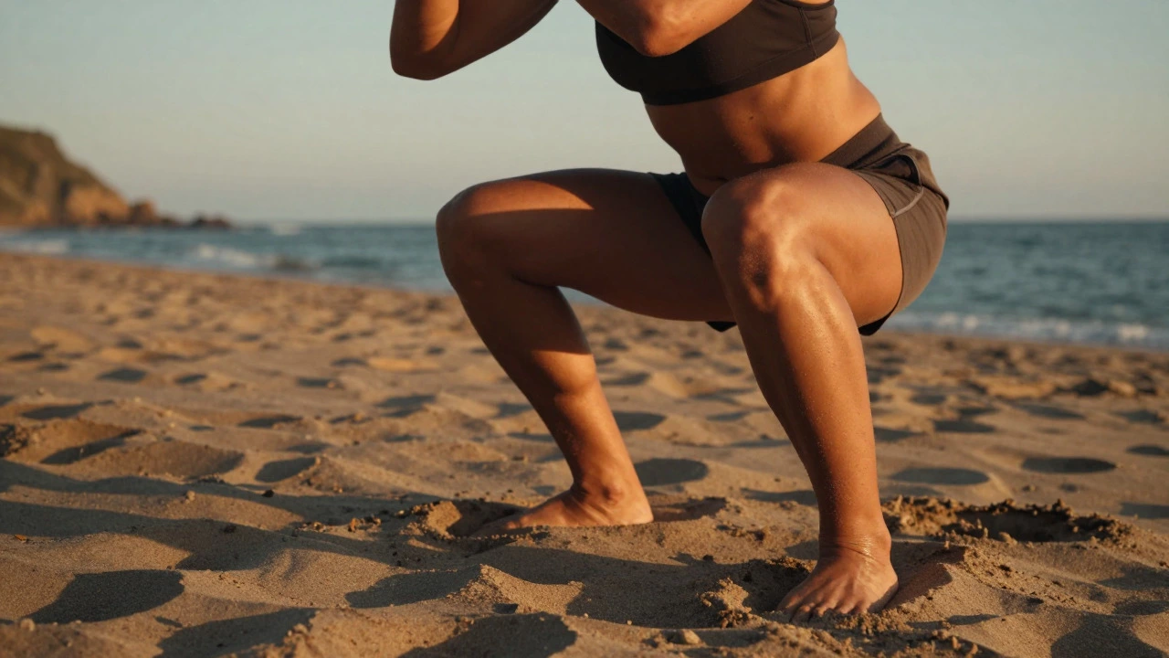 Person performing a squat on a beach during sunset