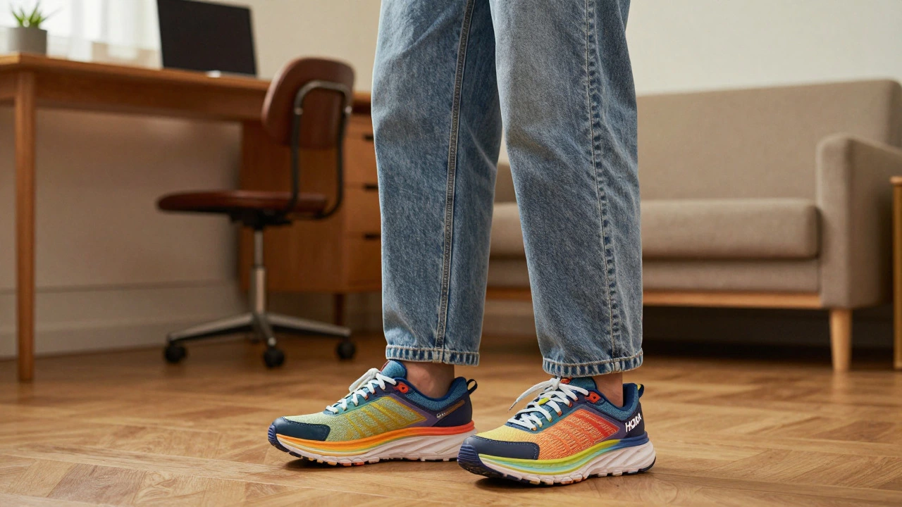 Person relaxing in comfortable Hoka sneakers and casual streetwear