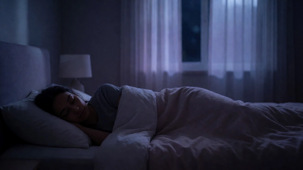 Person sleeping peacefully in a dark, cool room to manage stress and lower cortisol levels.