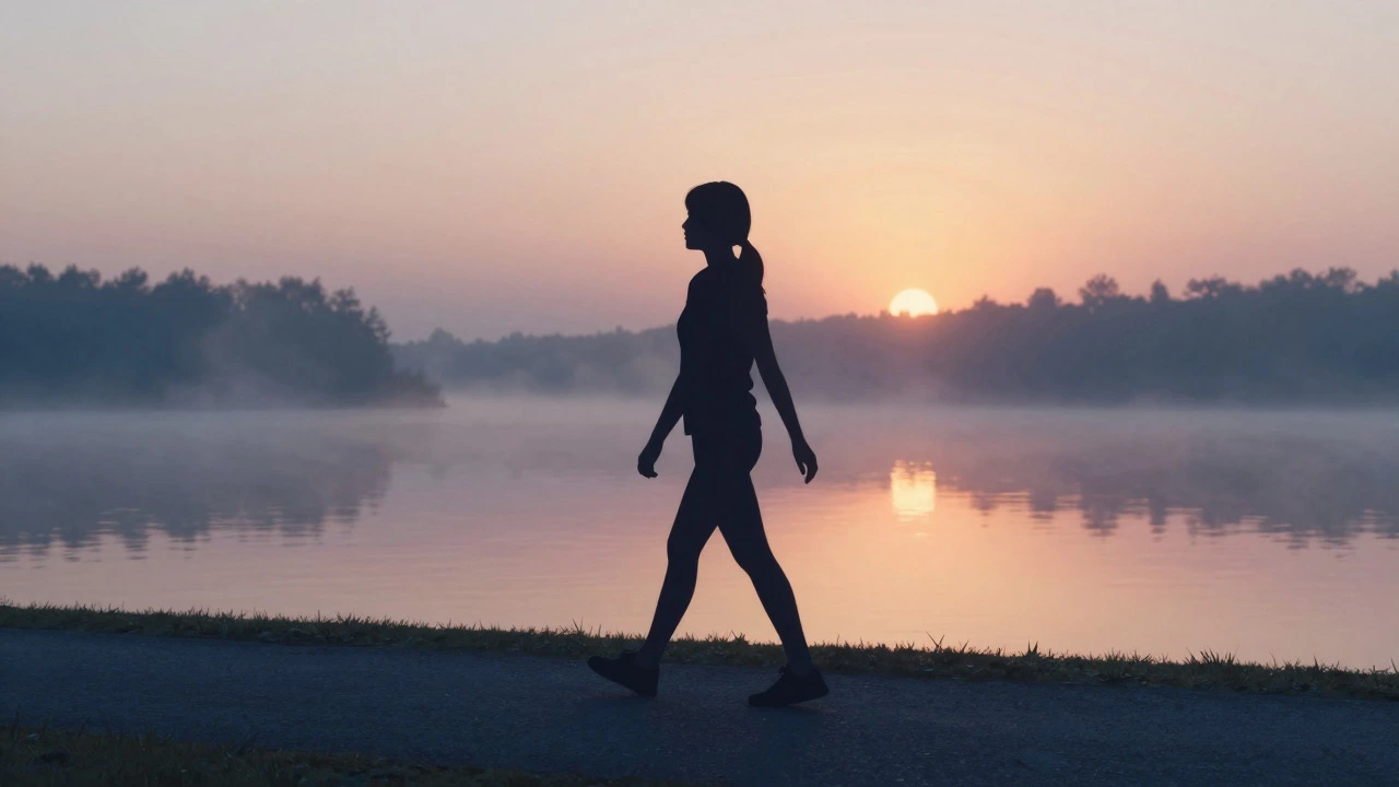 Person taking a gentle walk by a lake at sunrise for recovery