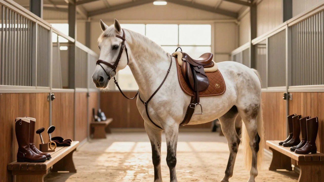 Show jumping horse with custom tack in a sunlit stable aisle