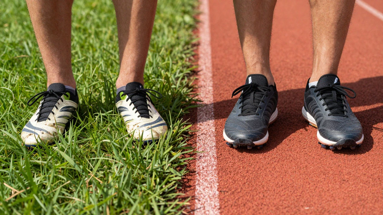 Soccer cleats on grass next to running shoes on a track
