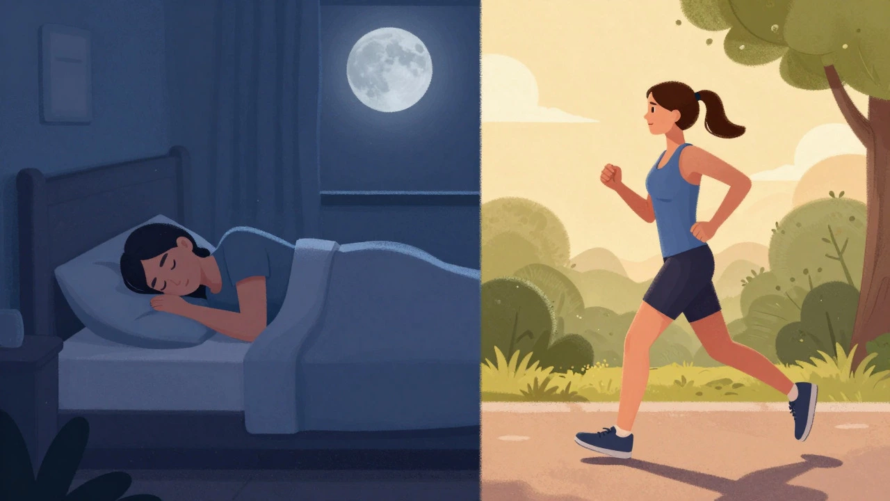 Split image showing peaceful sleep at night and light jogging during day.