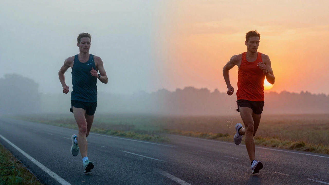 Split view of relaxed and intense runners at dawn