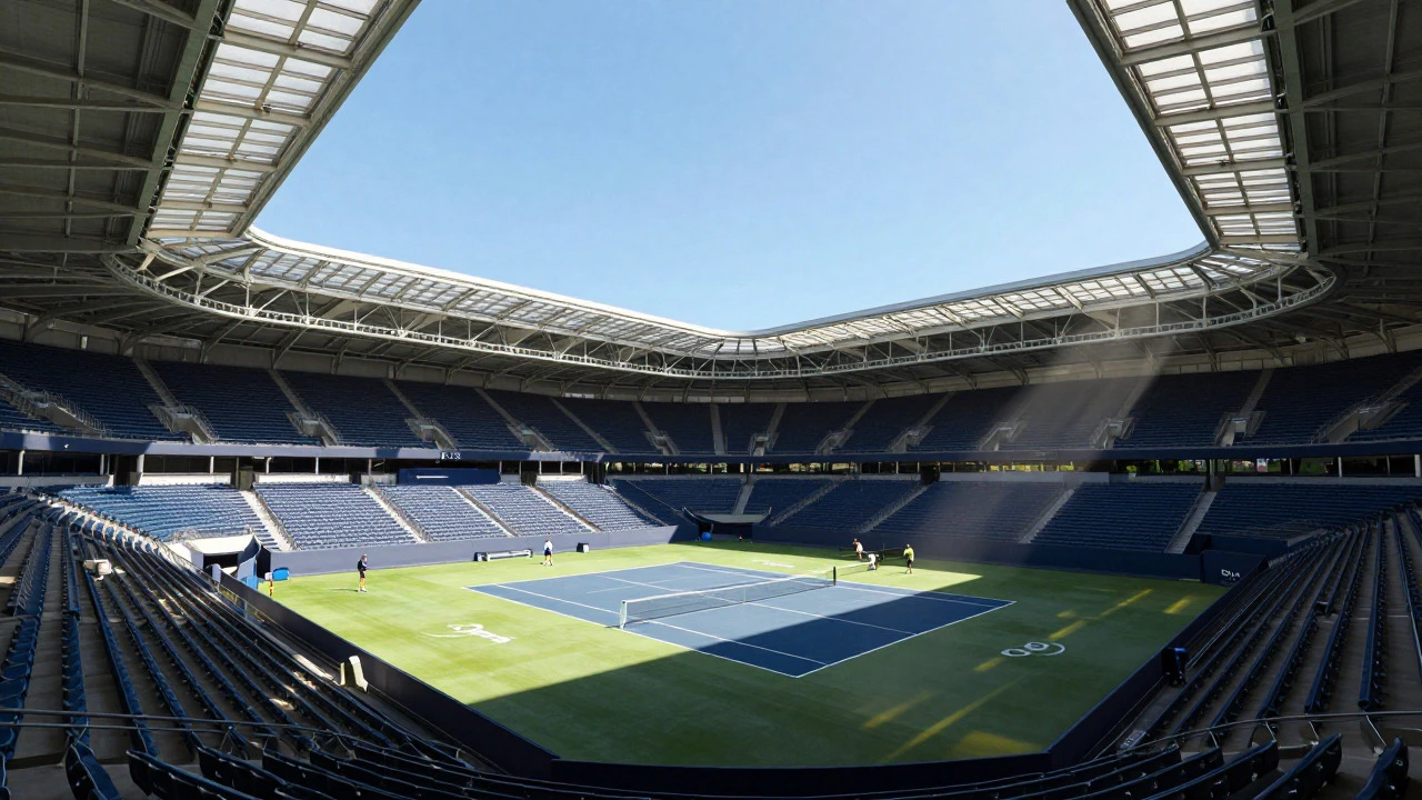 Stadium with retractable roof partially open over a tennis court