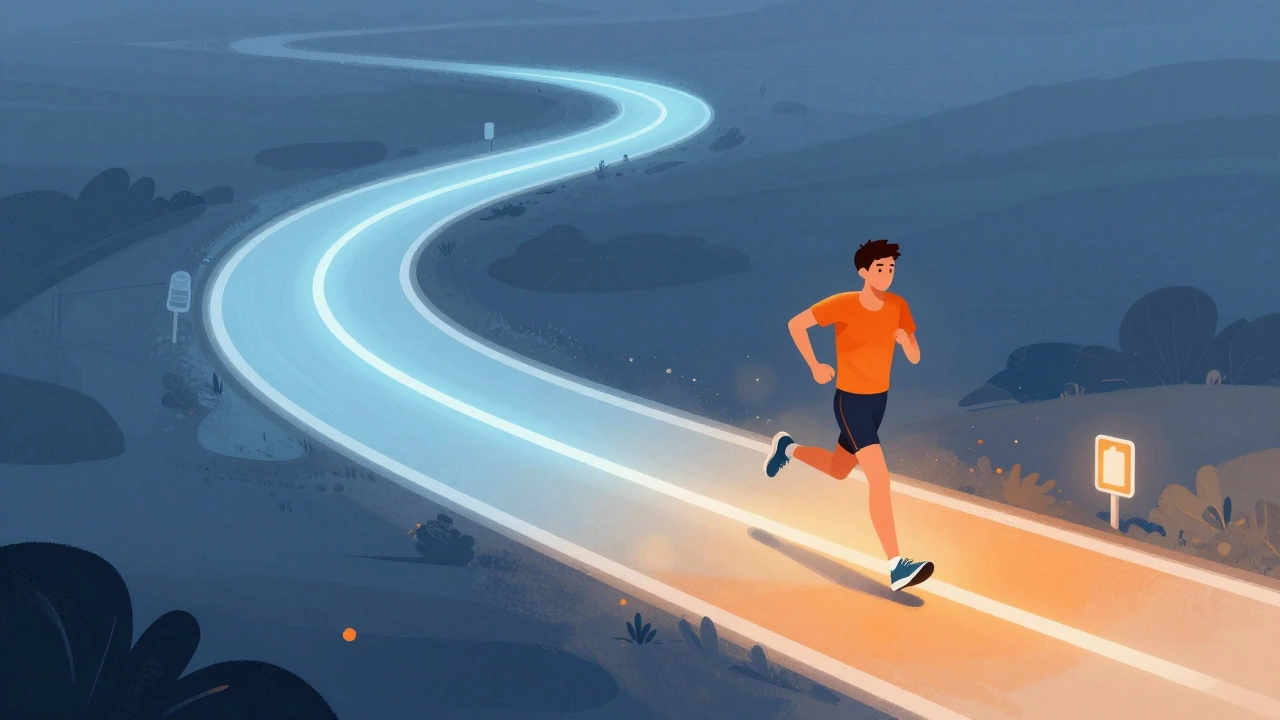 Stylized illustration of a runner navigating a path split by pace zones