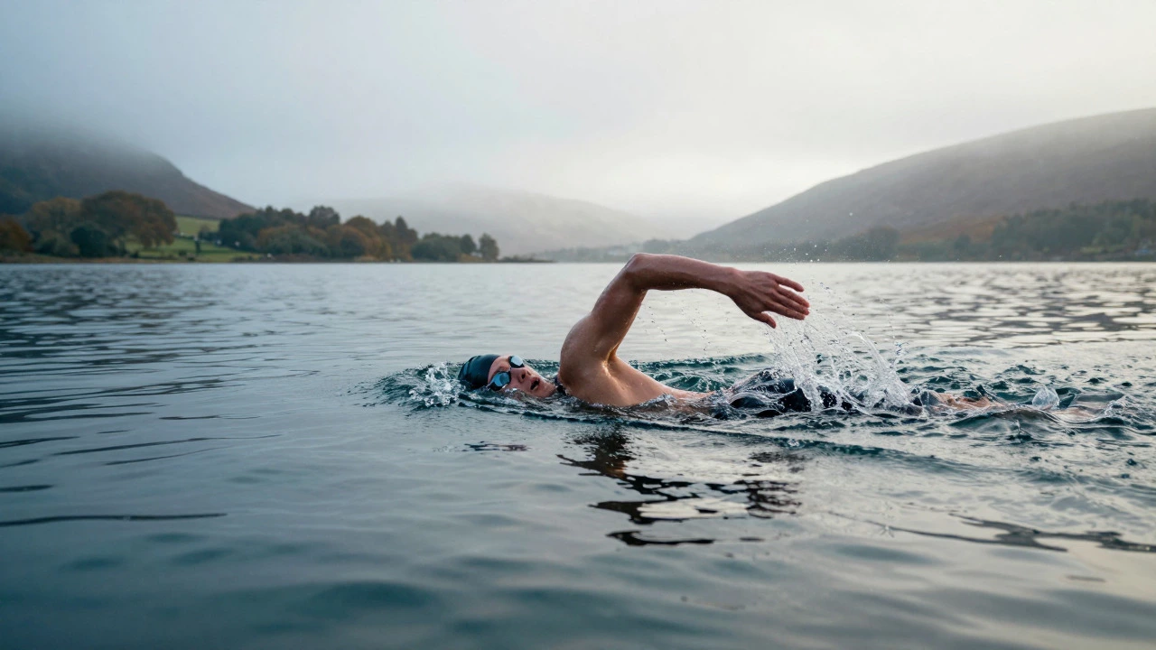 Swimmer doing freestyle in an open lake without gear