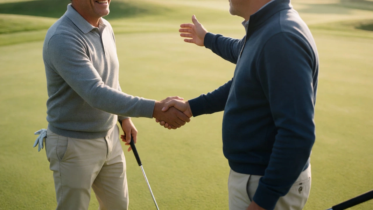 Two golfers shaking hands on the green