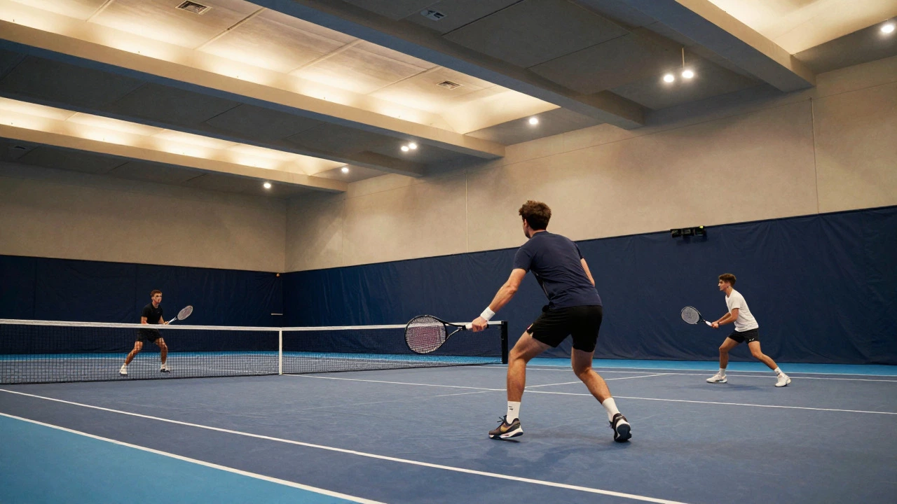 Two players rallying on a brightly lit indoor tennis court