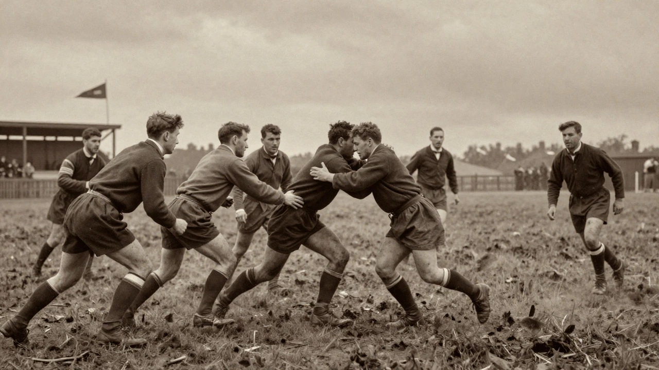 Vintage illustration of early 20th-century rugby players tackling on a muddy field