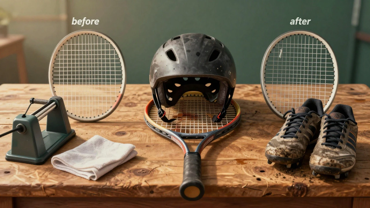 Workbench with tennis racket and helmet showing maintenance