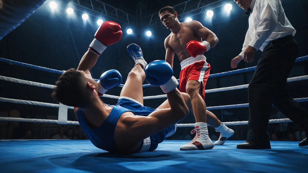A boxer collapsing after a knockout while the referee approaches