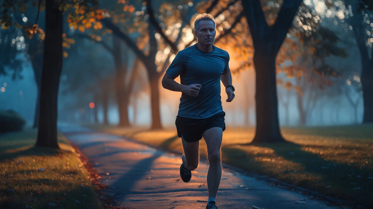 A focused man in his 40s running steadily through a misty park at dawn.