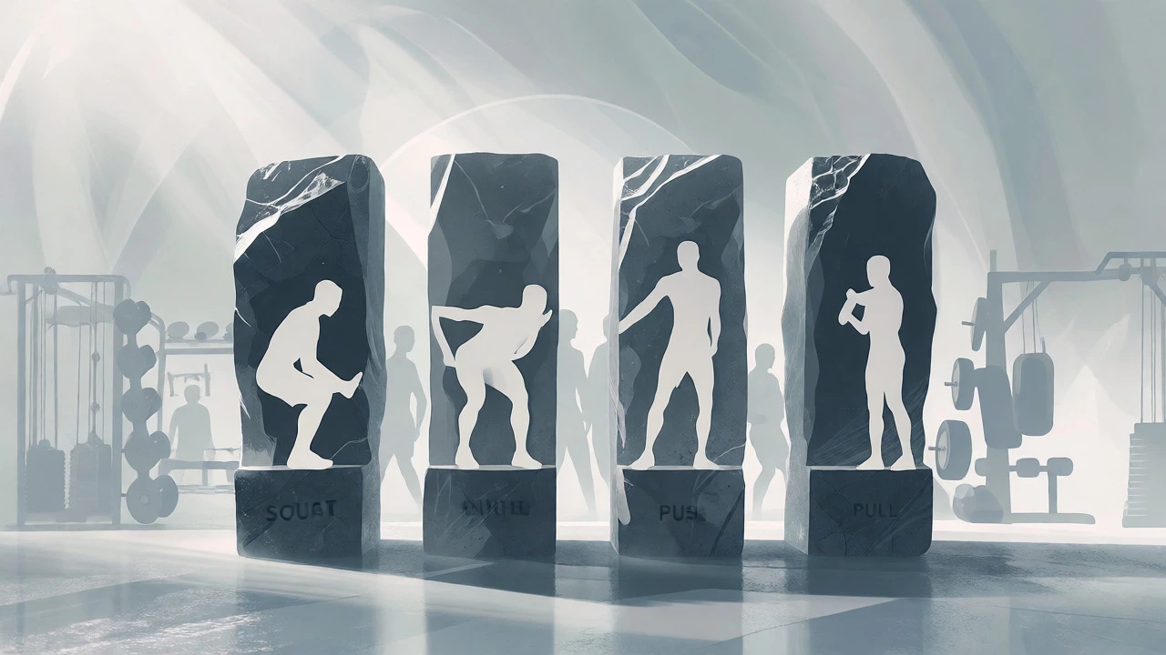 Abstract pillars representing four key exercise patterns