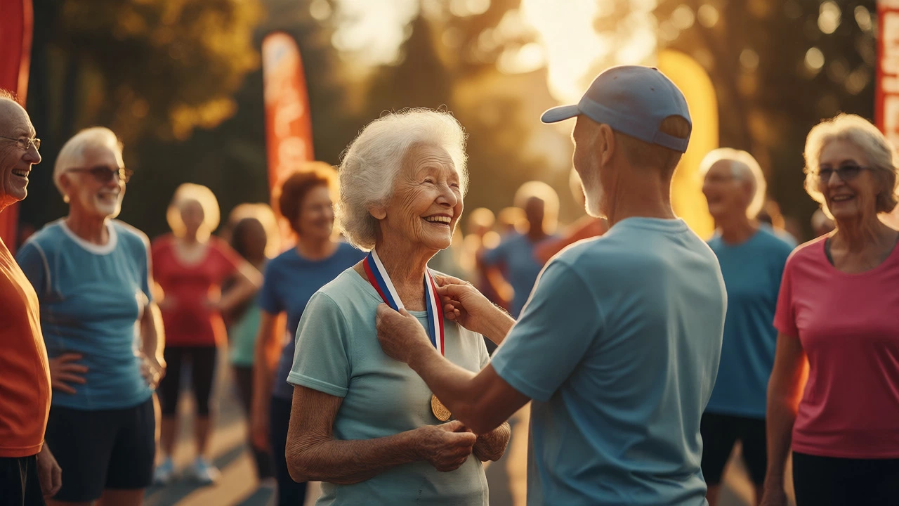 An elderly female runner smiling while receiving her marathon medal at the finish area.