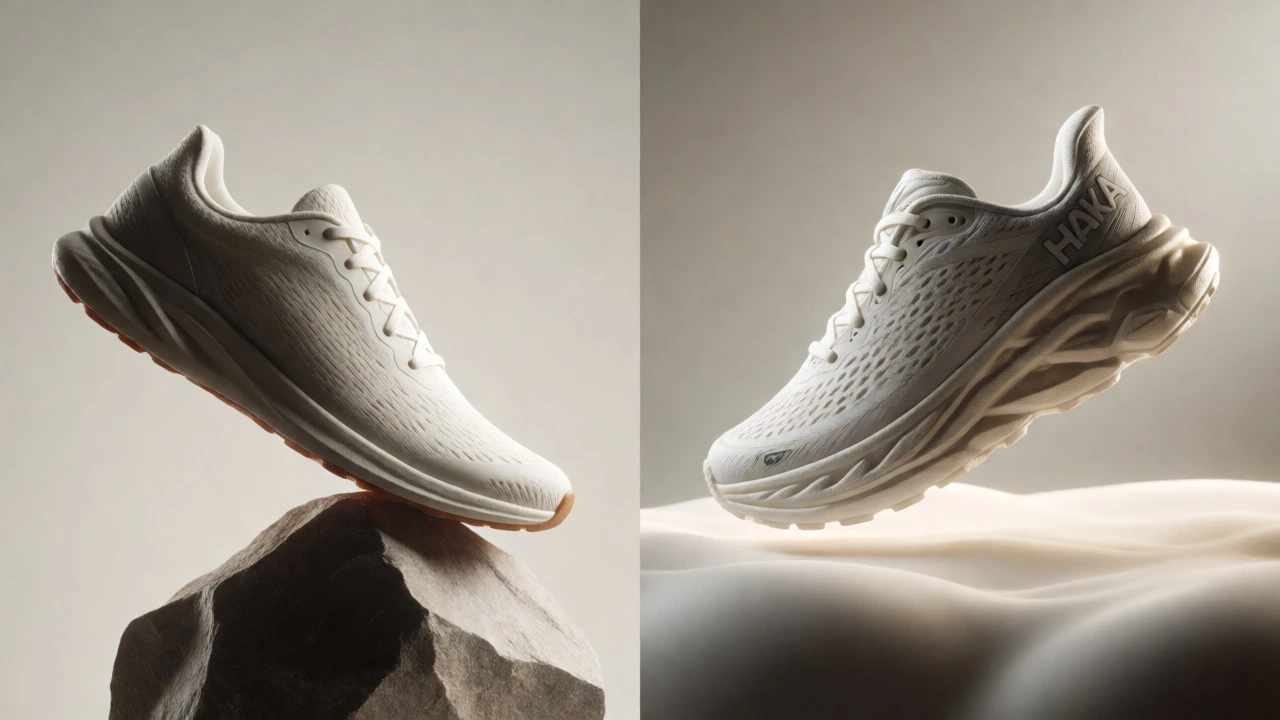 Artistic comparison between a thin minimalist shoe and a cushioned Hoka shoe.