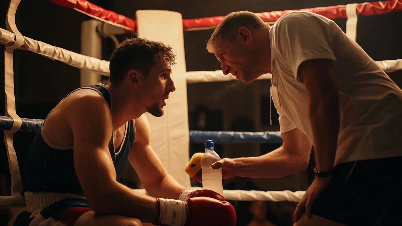 Boxer receiving coaching during the one-minute rest between rounds