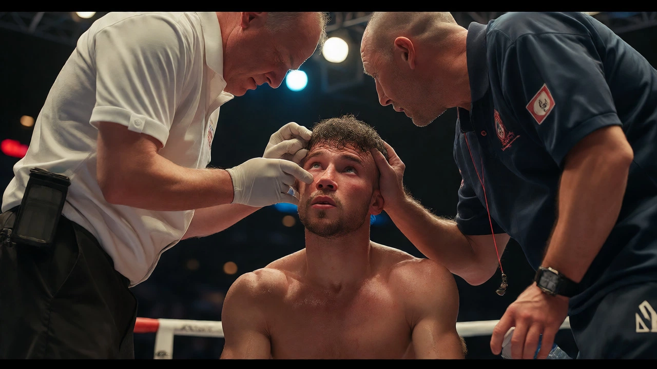 Boxer receiving treatment and coaching during the break between rounds