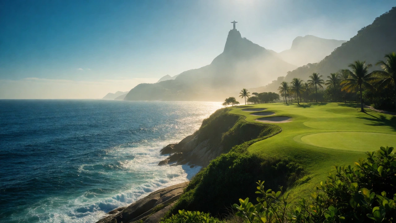 Coastal Rio de Janeiro golf course view with Christ the Redeemer