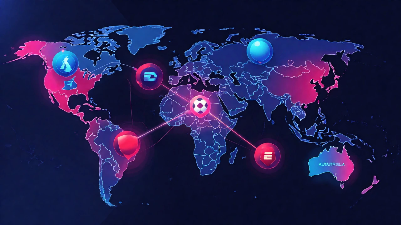 Conceptual map illustrating global football broadcasting rights and regional networks.