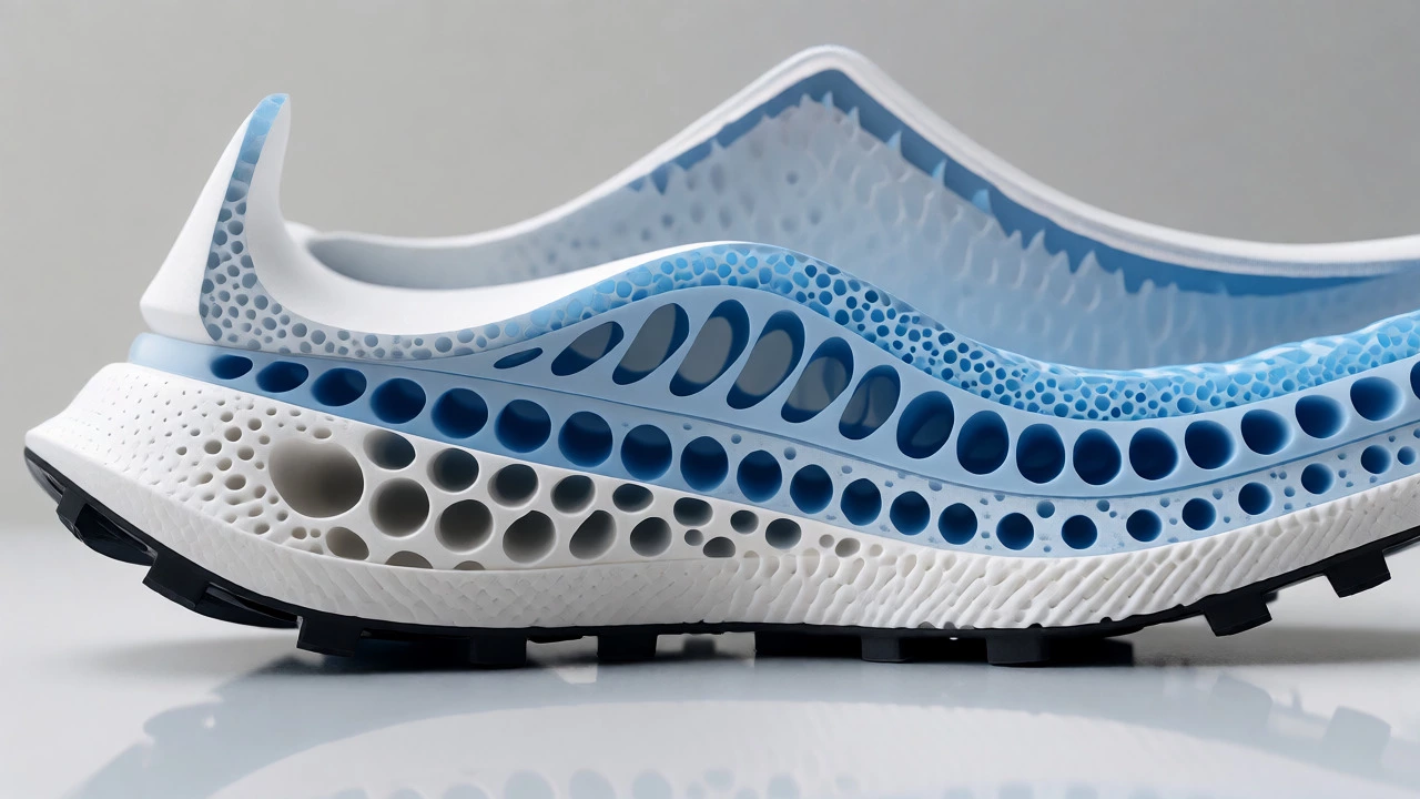 Cross-section of running shoe showing EVA and TPU foam layers