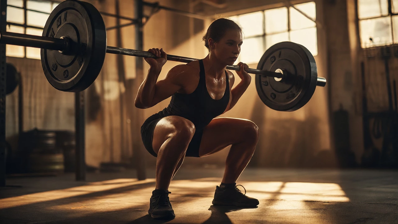 Man performing heavy barbell squat with intense focus