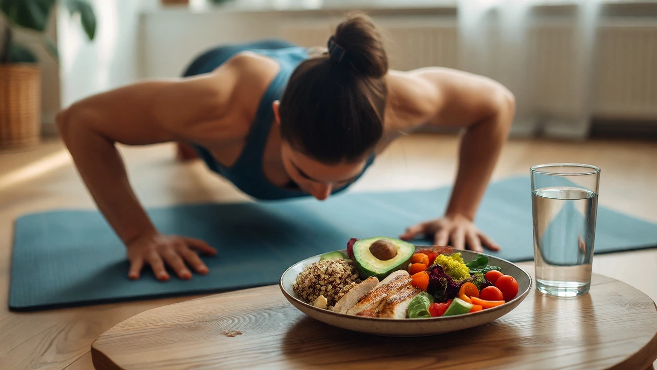 Person doing push-ups at home next to a healthy balanced meal and water.