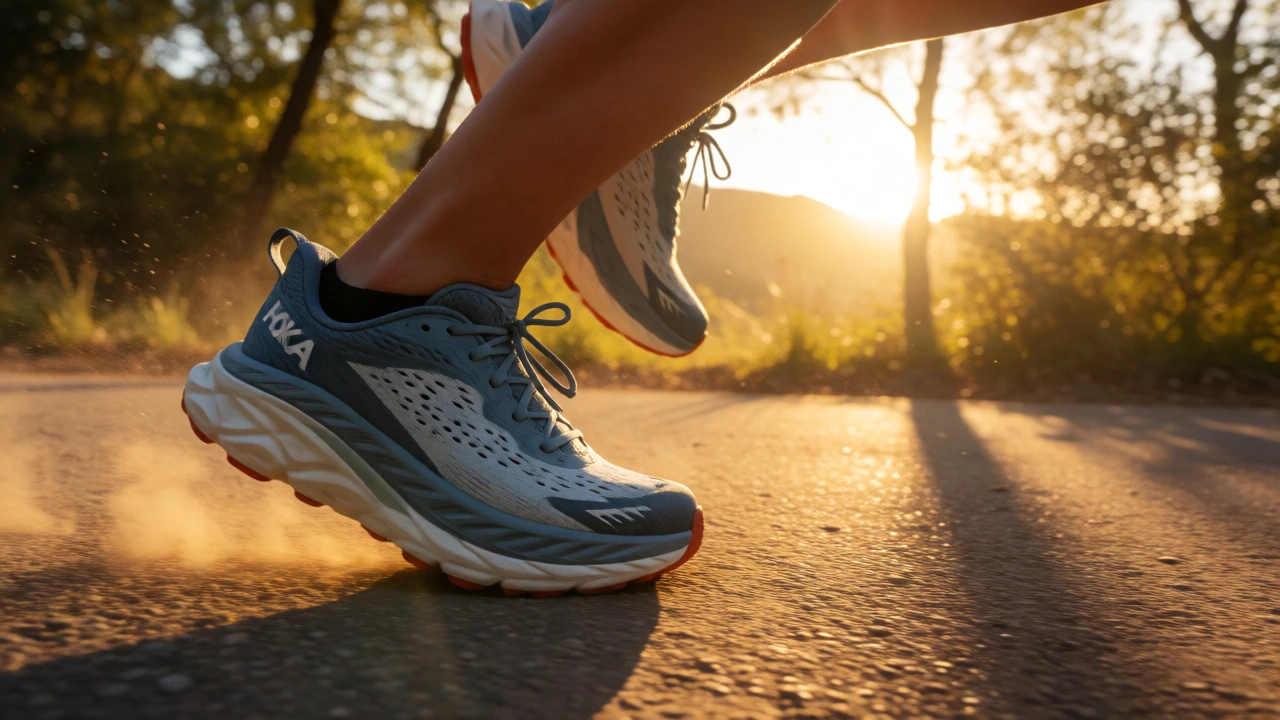 Runner's feet in Hoka Bondi shoes absorbing impact on a trail at sunset.