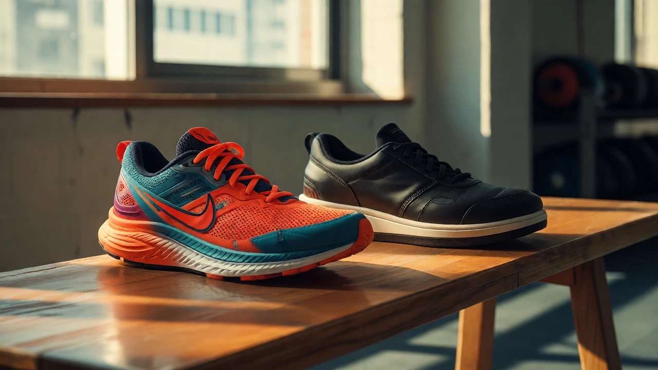 Side-by-side comparison of running shoes and flat lifting shoes