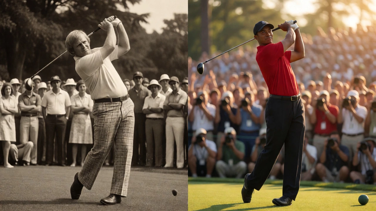 Split screen showing Jack Nicklaus in the 70s versus Tiger Woods in the 2000s.